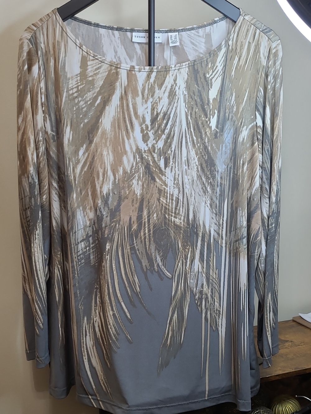 Susan Graver Grey & Tan Brushstroke Print Blouse size 1X
